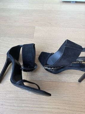 Saint Laurent Black Suede Stiletto Sandals with Ankle Strap